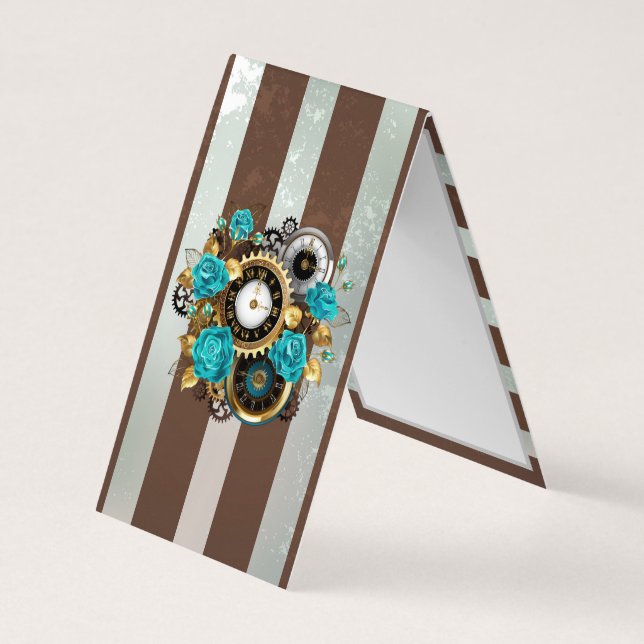 Carte De Visite Steampunk Clock and Turquoise Roses on Striped (Dos)