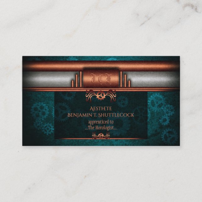 Carte De Visite Steampunk cuivre et argent sur les cogs turquoises (Devant)