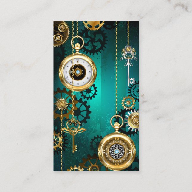 Carte De Visite Steampunk Jewelry Watch on a Green Background (Devant)