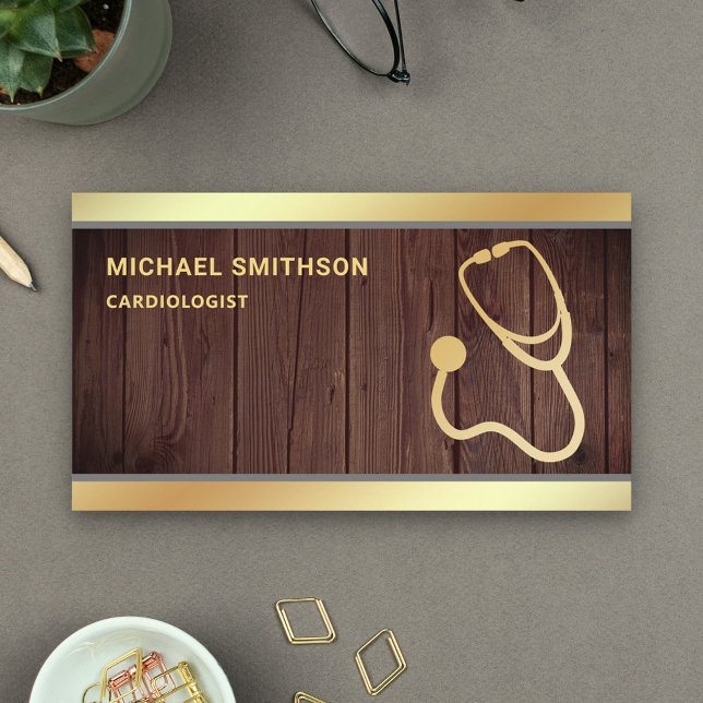 Carte De Visite Stéthoscope Médical en Bois Rustique Doré pour Pro (Créateur téléchargé)