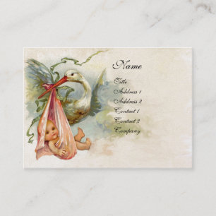 Carte De Visite STORK BABY SHOWER 2, papier perle blanc rose