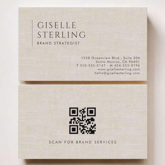 Carte De Visite Stratège de Marque Code QR Luxe Lin Neutre (Créateur téléchargé)