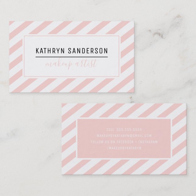 Carte De Visite STRIPE MINIMALE MODERNE simple rose pâle blanc (Devant / Derrière)