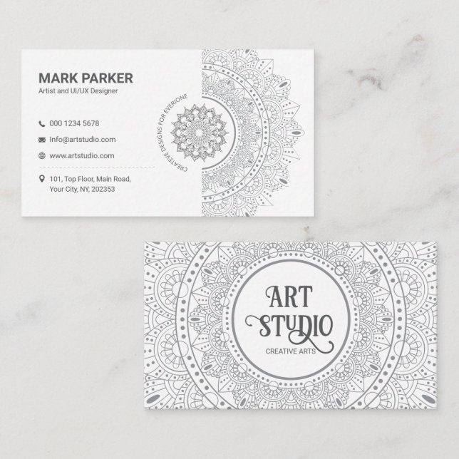 Carte De Visite Studio d'art de mandala élégant blanc Créatif (Devant / Derrière)