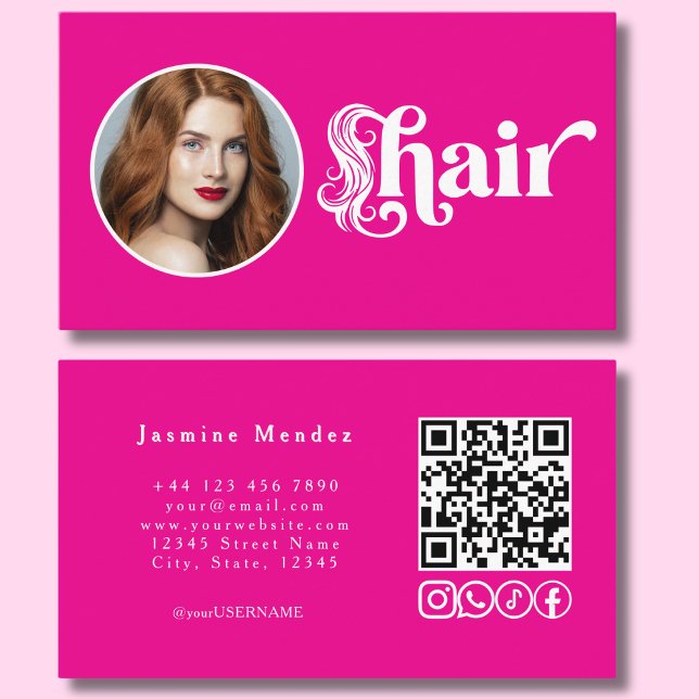 Carte De Visite Studio de coiffure avec code QR photo rose vif  (Créateur téléchargé)