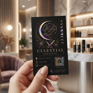 Carte De Visite Studio de Coiffure Céleste Luxe Noir Or QR Salon