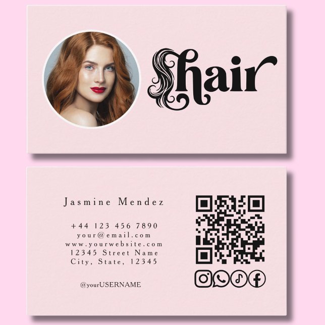 Carte De Visite Studio de coiffure Code QR Photo Rose Pâle  (Créateur téléchargé)