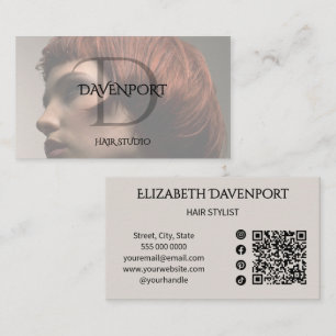 Carte De Visite Studio de coiffure moderne code QR photo monogramm
