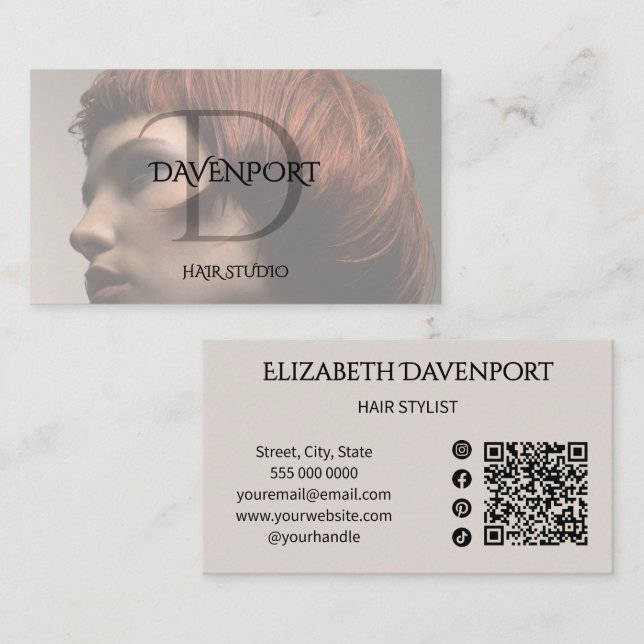 Carte De Visite Studio de coiffure moderne code QR photo monogramm (Devant / Derrière)