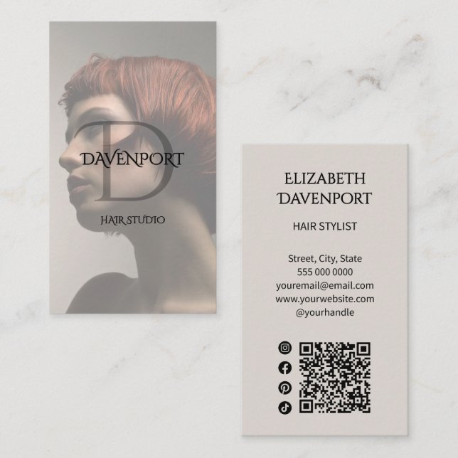 Carte De Visite Studio de coiffure moderne Code QR social photo mo (Devant / Derrière)