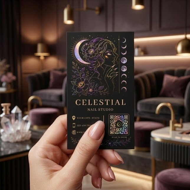 Carte De Visite Studio de Manucure Céleste Luxe Noir Or QR Beauté (Créateur téléchargé)