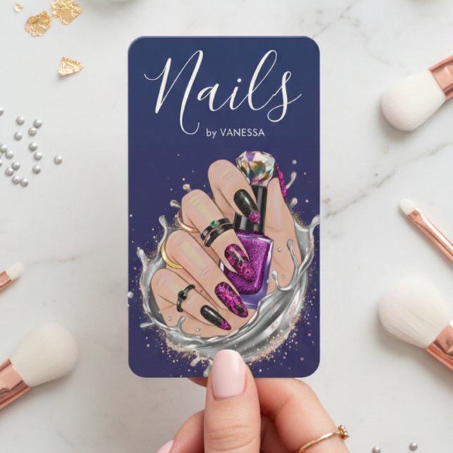 Carte De Visite Studio de Nail Art Bleu Marine Manucure Artiste Ch (Créateur téléchargé)