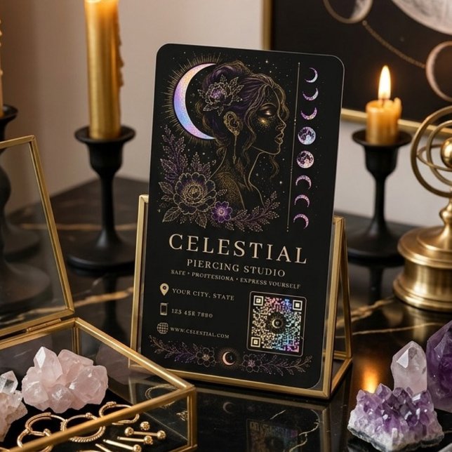 Carte De Visite Studio de Piercing Céleste Luxe Noir Or QR  (Créateur téléchargé)