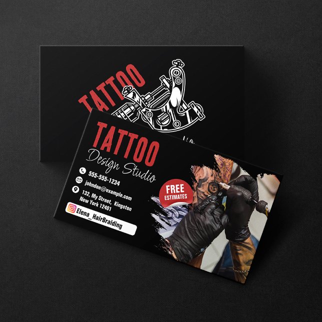 Carte De Visite Studio de Tatoueur Branché Noir et Rouge (Créateur téléchargé)