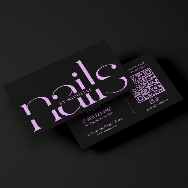 Carte De Visite Studio de vernis à ongles monogramme Black Purple  (Black Purple Nail Tech Monogram Nails Studio Business Card
)