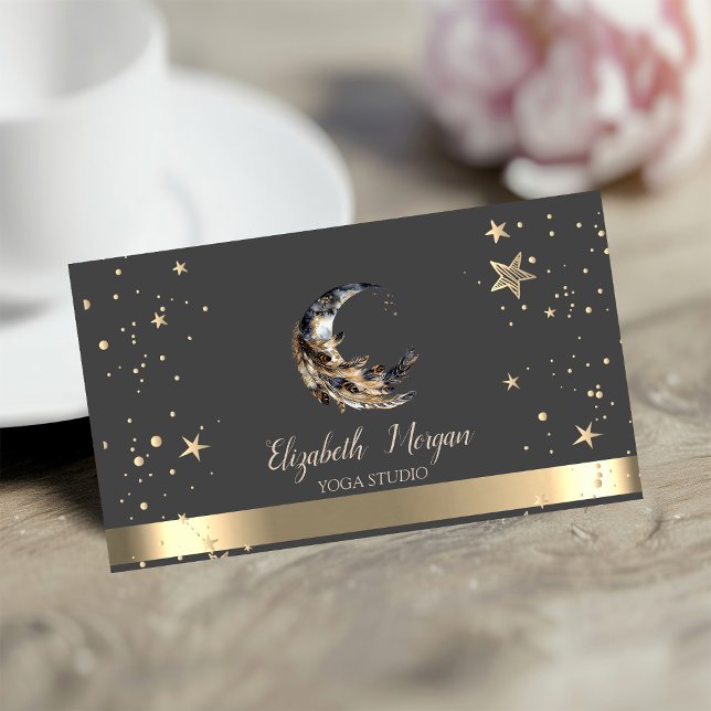 Carte De Visite Studio de Yoga Moon Feather Gold Stars (Créateur téléchargé)