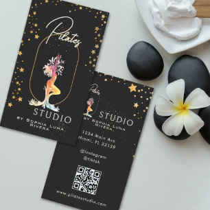 Carte De Visite Studio de Yoga Wellness Étoiles Dorées Code QR Noi