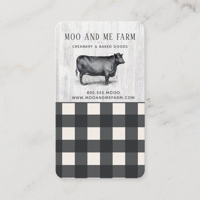 Carte De Visite Style agricole Buffle noir blanc Plaid Bois Bu (Devant)