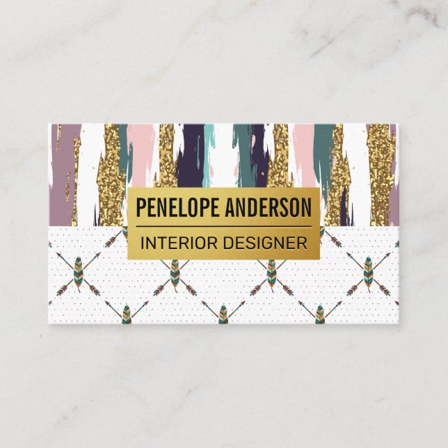 Carte De Visite Style Boho | Plumes modernes Motifs Abstraits (Devant)