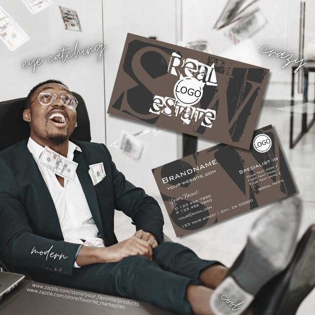 Carte De Visite Style Brown gris blanc avec logo et monogramme (Créateur téléchargé)