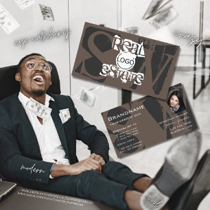 Carte De Visite Style Brown gris blanc avec logo photo Monogramme