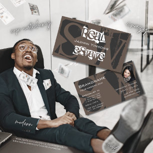 Carte De Visite Style Brown gris blanc avec photo et monogramme