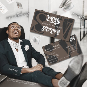 Carte De Visite Style Brown gris et blanc avec initiales Moderne