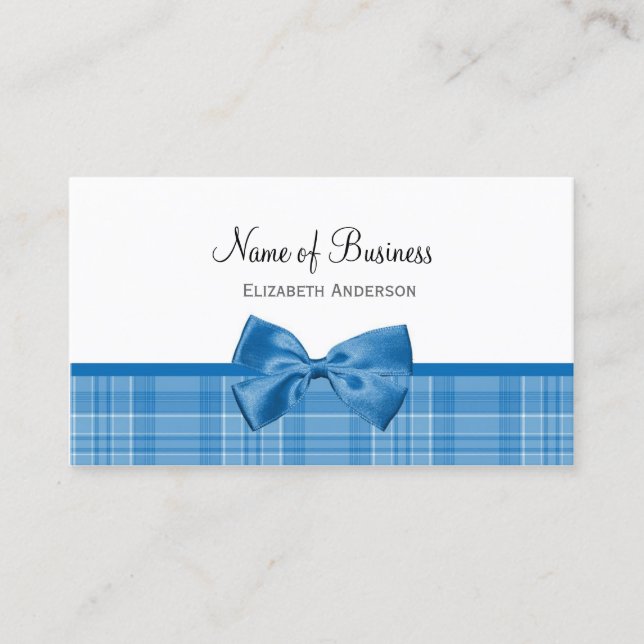 Carte De Visite Style Campagne Plaid Motif Avec Bow Bleu Fille (Devant)