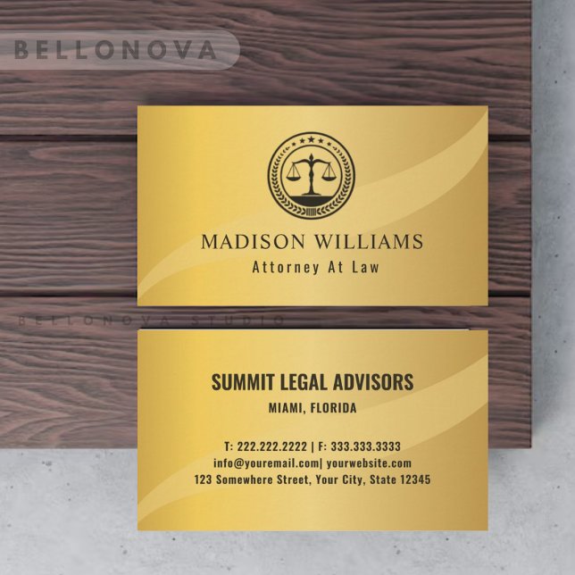 Carte De Visite Style métal or personnalisé Bureau de droit Monogr (Custom Gold Metal Style Black Monogram Law Office Business Card)