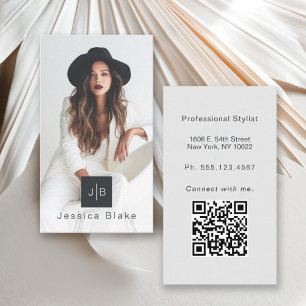 Carte De Visite Style Moderne Entrepreneur Monogramme Photo QR Cod