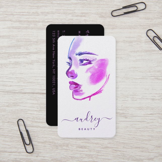 Carte De Visite Style Ombre Violet Beauté Aquarelle Script (Devant/Arrière en situation)