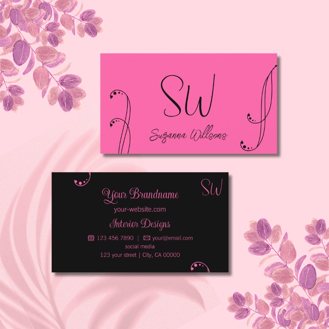 Carte De Visite Style rose et noir chic Ornate avec Monogramme (Créateur téléchargé)