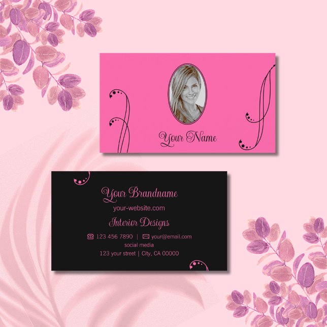 Carte De Visite Style rose et noir Ornate avec Portrait Photo (Créateur téléchargé)