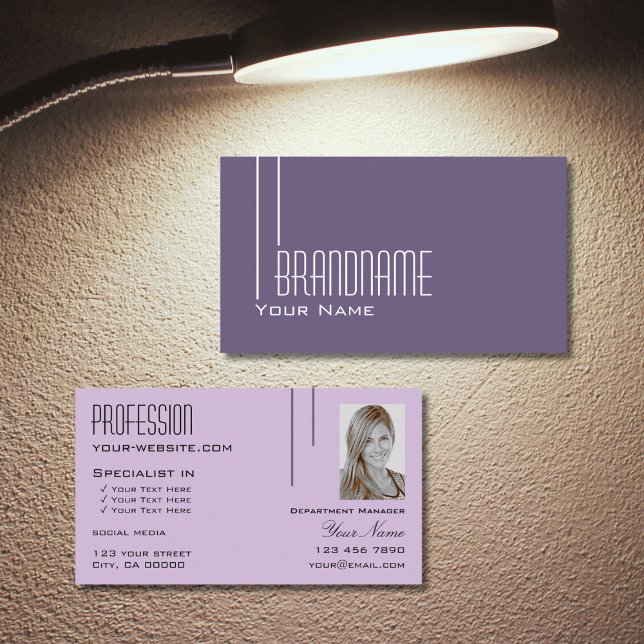 Carte De Visite Style violet Lilac Chic avec professionnel photo (Créateur téléchargé)