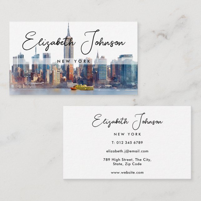 Carte De Visite Stylish Elegant Script New York Skyline (Devant / Derrière)