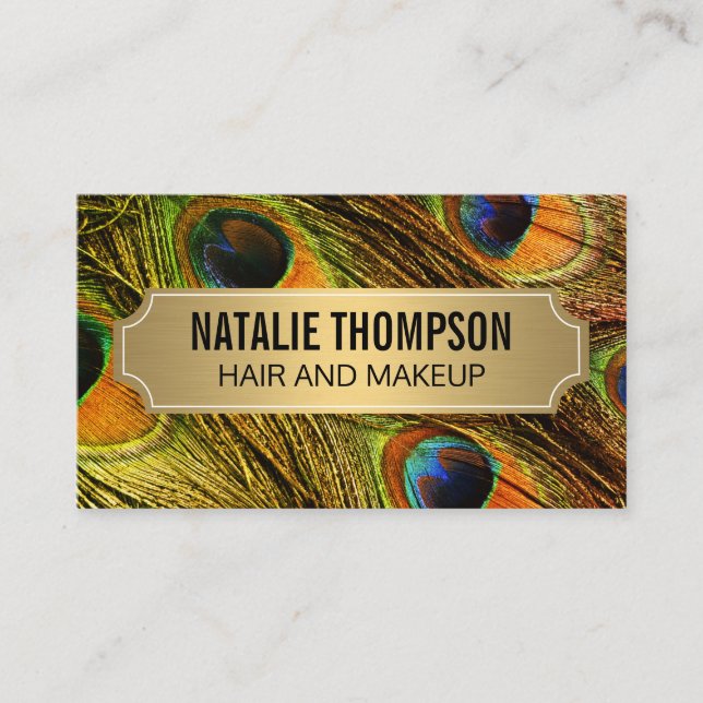 Carte De Visite Stylish Peacock Feathers Gold Metallic Frame (Devant)
