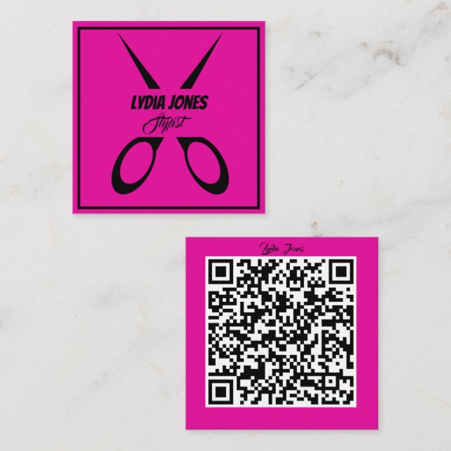 Carte de visite Stylist Carré rose chaud avec code (Devant / Derrière)