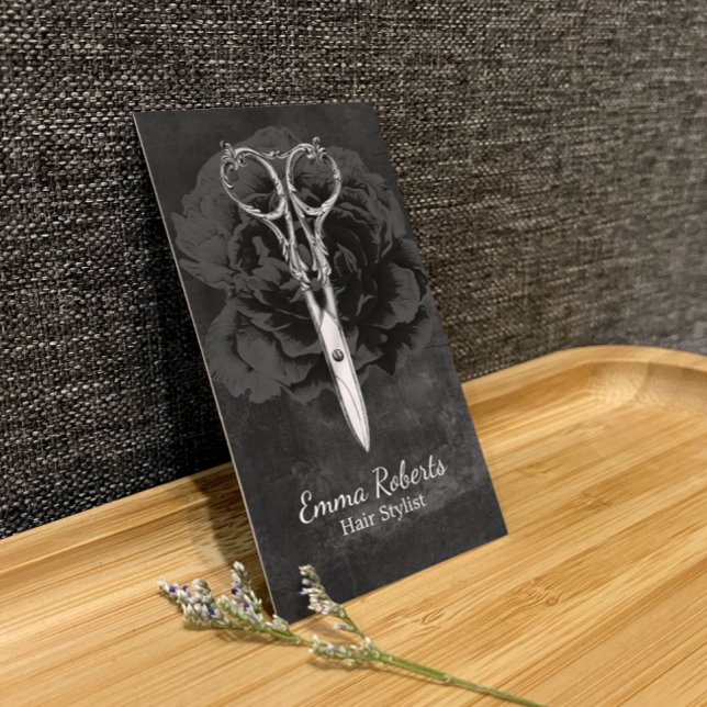 Carte De Visite Styliste de cheveux ciseaux chic sombres fleurie t (Créateur téléchargé)