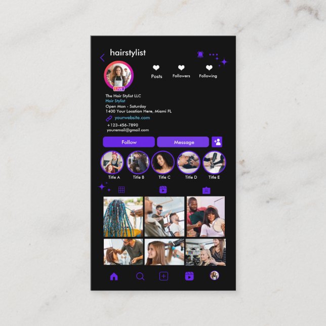 Carte De Visite Styliste de cheveux Instagram Violet | Analyser po (Devant)