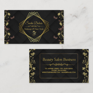 Carte De Visite Styliste de cheveux moderne Black Floral Gold Beau