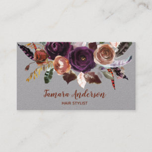 Carte De Visite Styliste en coiffure floral gris de cuivre pourpre