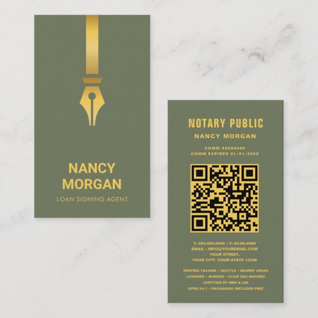 Carte De Visite Stylo doré Notaire public Code Qr Vert sauge  (Devant / Derrière)