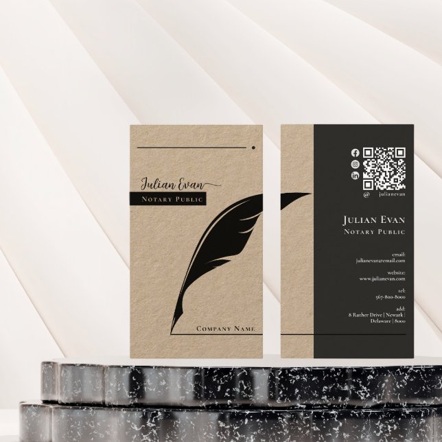 Carte De Visite Stylo Rustique Kraft Feather nib Notaire Public Qr (Créateur téléchargé)
