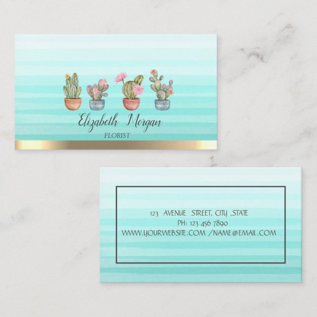 Carte De Visite Succulentes Aquarelle Rayure Ombrée  (Devant / Derrière)