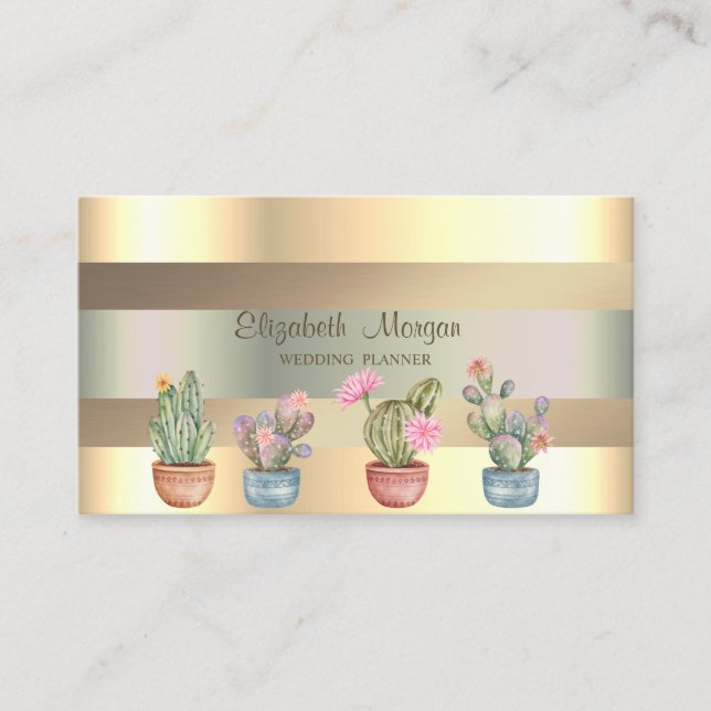 Carte De Visite Succulentes modernes à rayures dorées fausses (Devant)