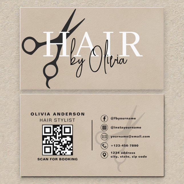 Carte De Visite Suede Neutral Scissors QR Code Hair Stylist  (Créateur téléchargé)