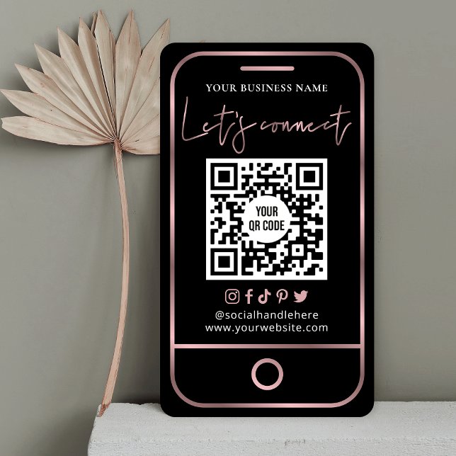 Carte De Visite Suivez-moi Médias sociaux Noir & Rose Or QR (Créateur téléchargé)
