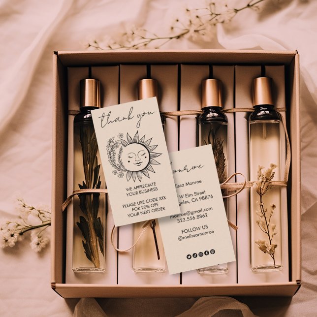 Carte De Visite Sun Flower Boho Chic Elegant Social Icons Remise (Lovely sun and floral design on this custom thank you business card with discount code & social icon)