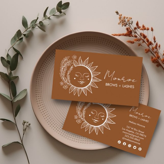 Carte De Visite Sun Flower Boho Line Art Earthy Chic Icônes social (Custom botanical sun artwork on these chic business cards with social media icons)