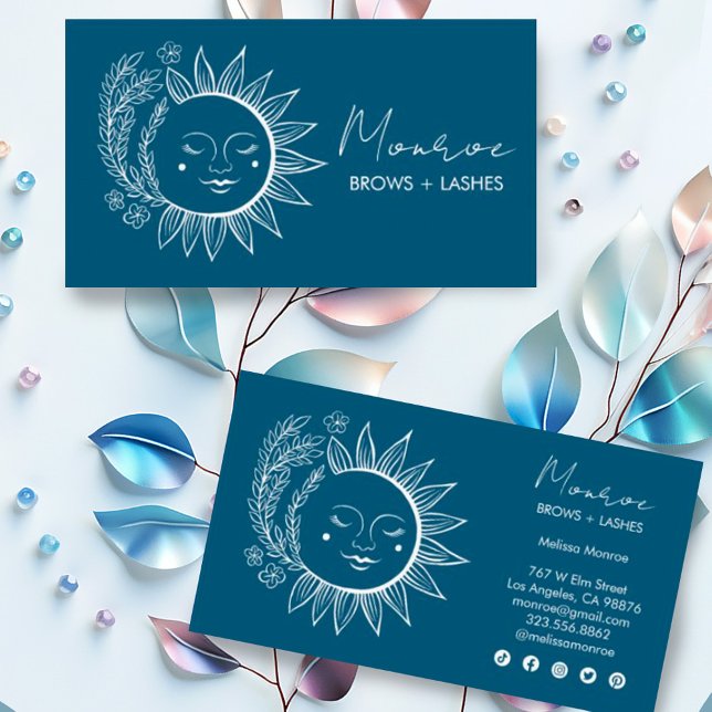 Carte De Visite Sun Flower Boho Line Art Élégant Bleu Social Icons (Hand drawn suns with botanical elements decorate these custom business cards with social media icons)